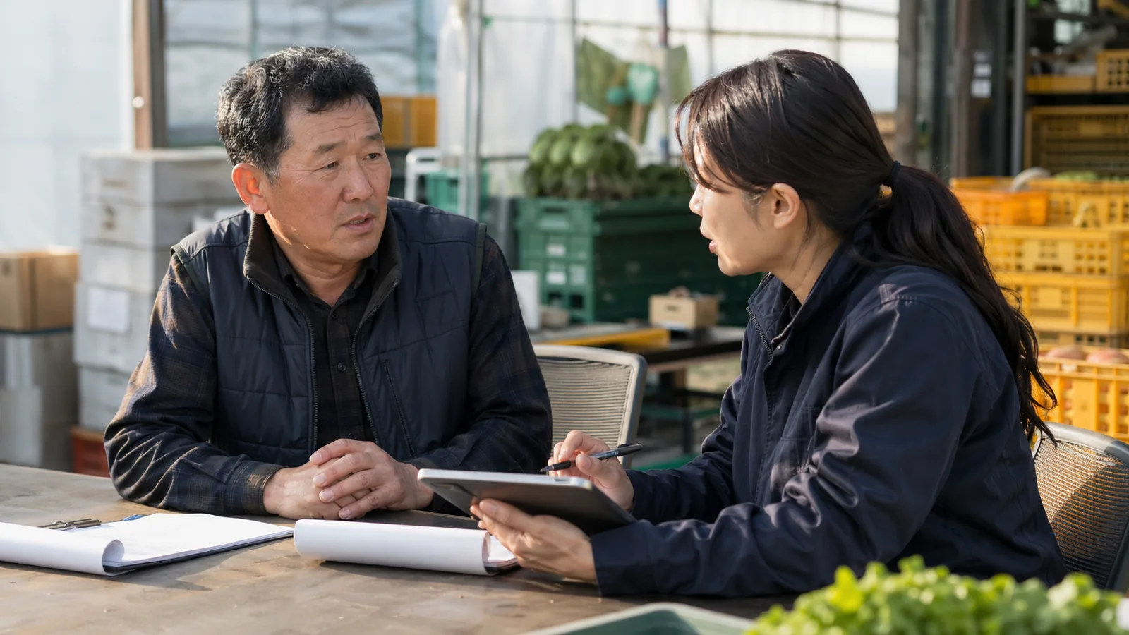 담당자가 농장주와 작업 조건을 면담하는 장면