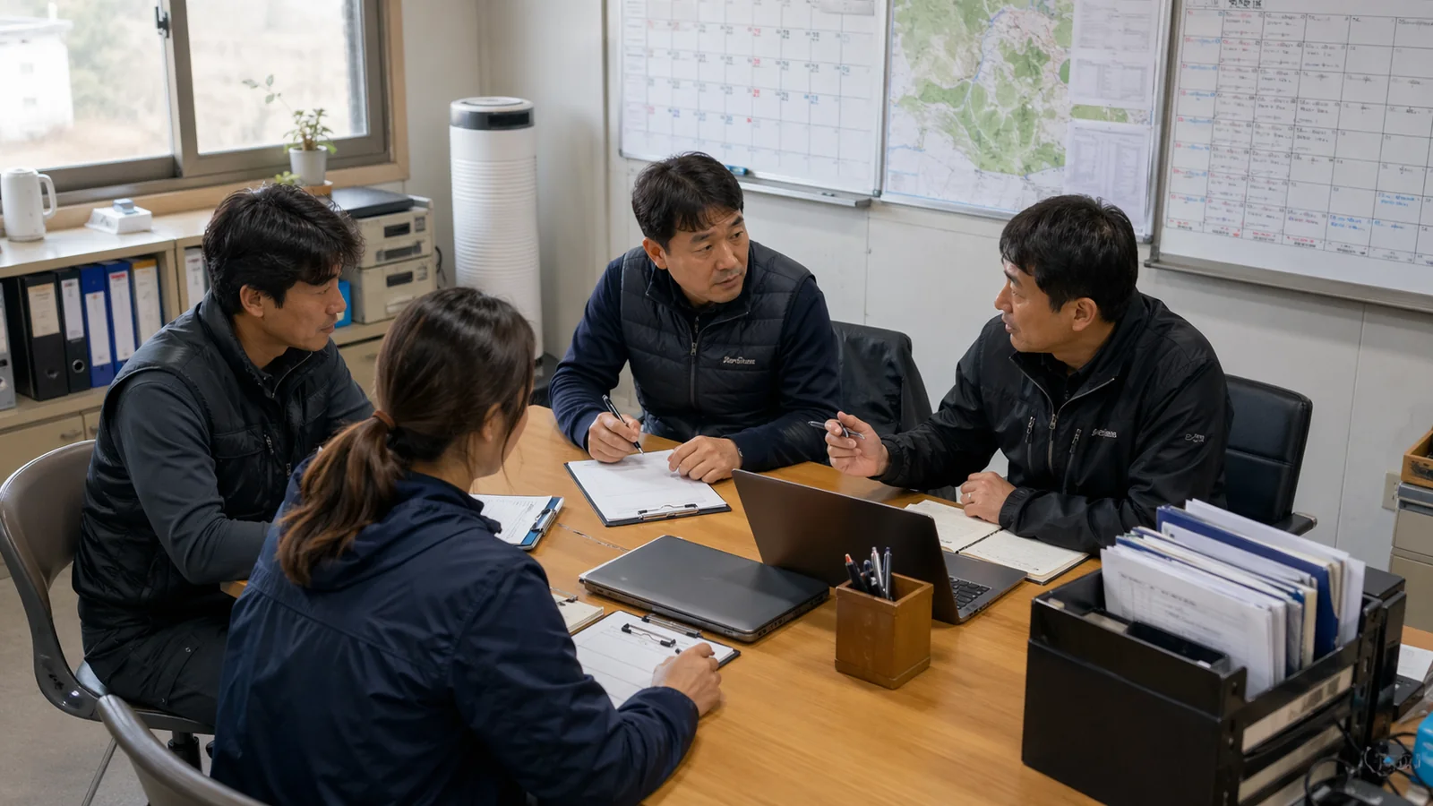 담당자들이 농촌 인력 배치 일정을 회의하는 장면