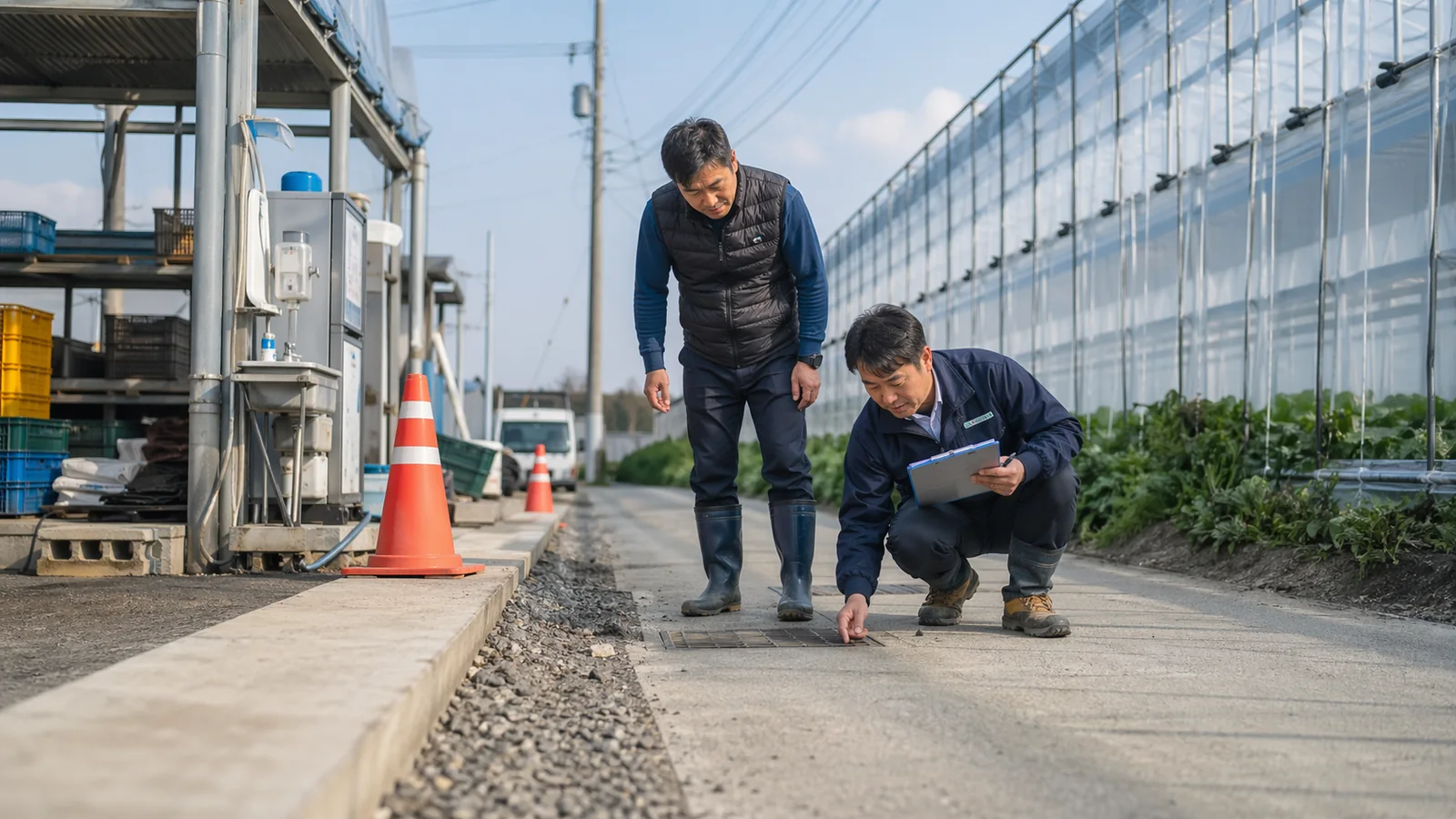 담당자가 농장 진입로와 안전 기준을 점검하는 장면