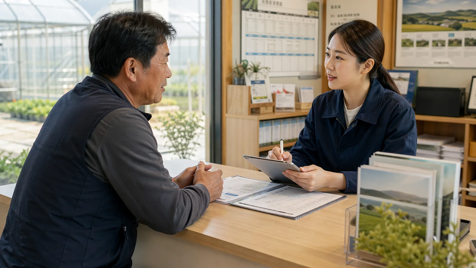 고용주가 상담 데스크에서 인력 문의를 상담하는 장면