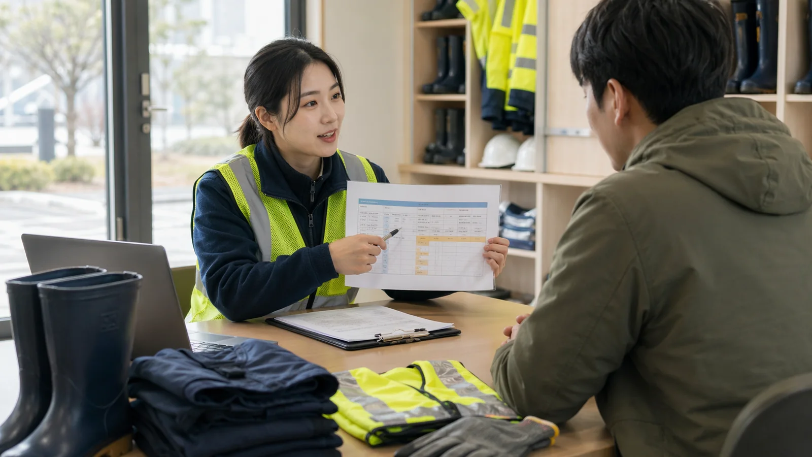 담당자가 근로자에게 준비 절차를 안내하는 장면