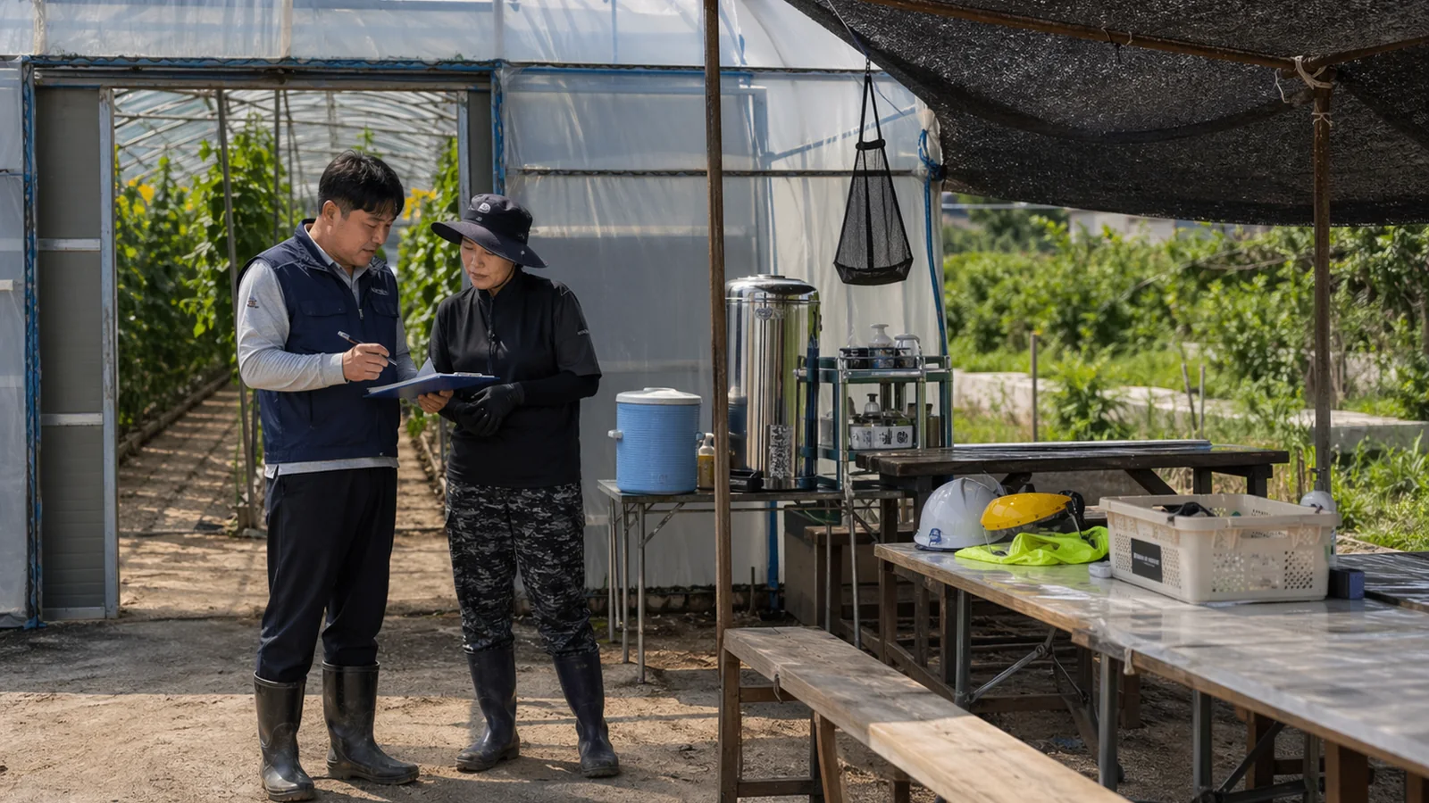 담당자가 농장주와 휴게 공간과 근무 조건을 확인하는 장면