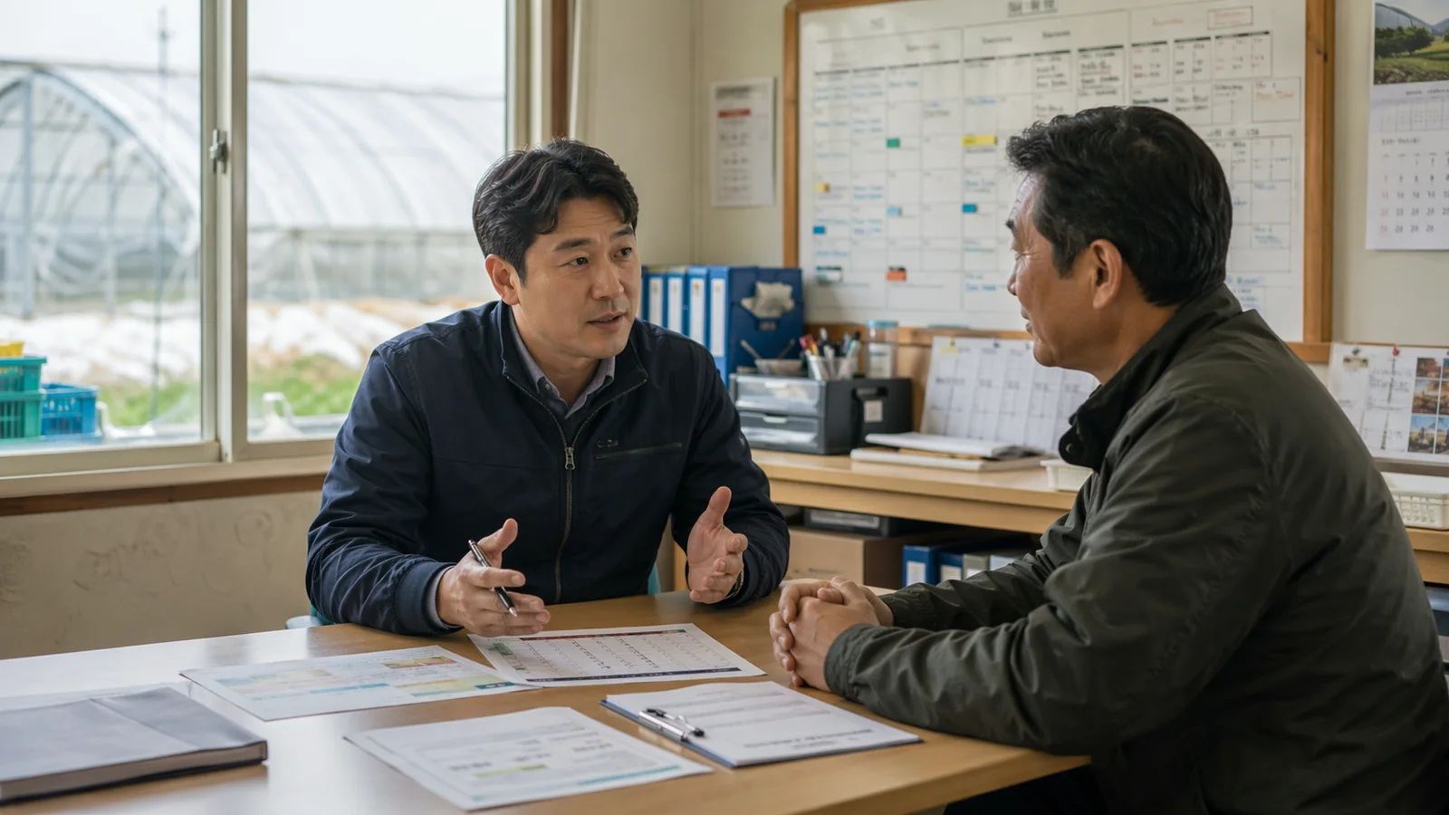 농촌 고용주가 계절근로 고용 상담을 받는 장면
