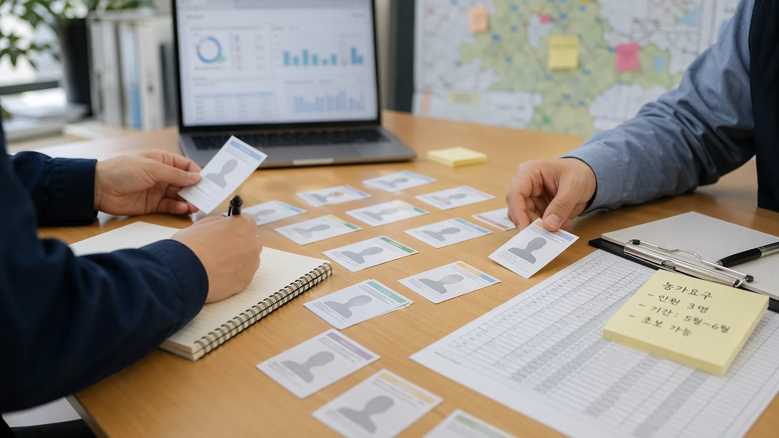 담당자들이 인력 매칭 카드를 확인하는 장면