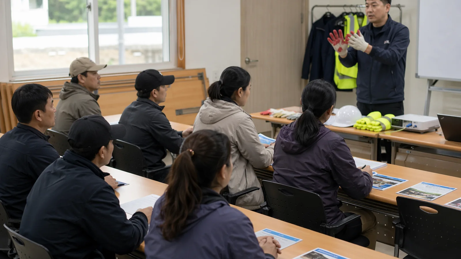 계절근로자들이 사전 교육실에서 안전 장비 안내를 듣는 장면