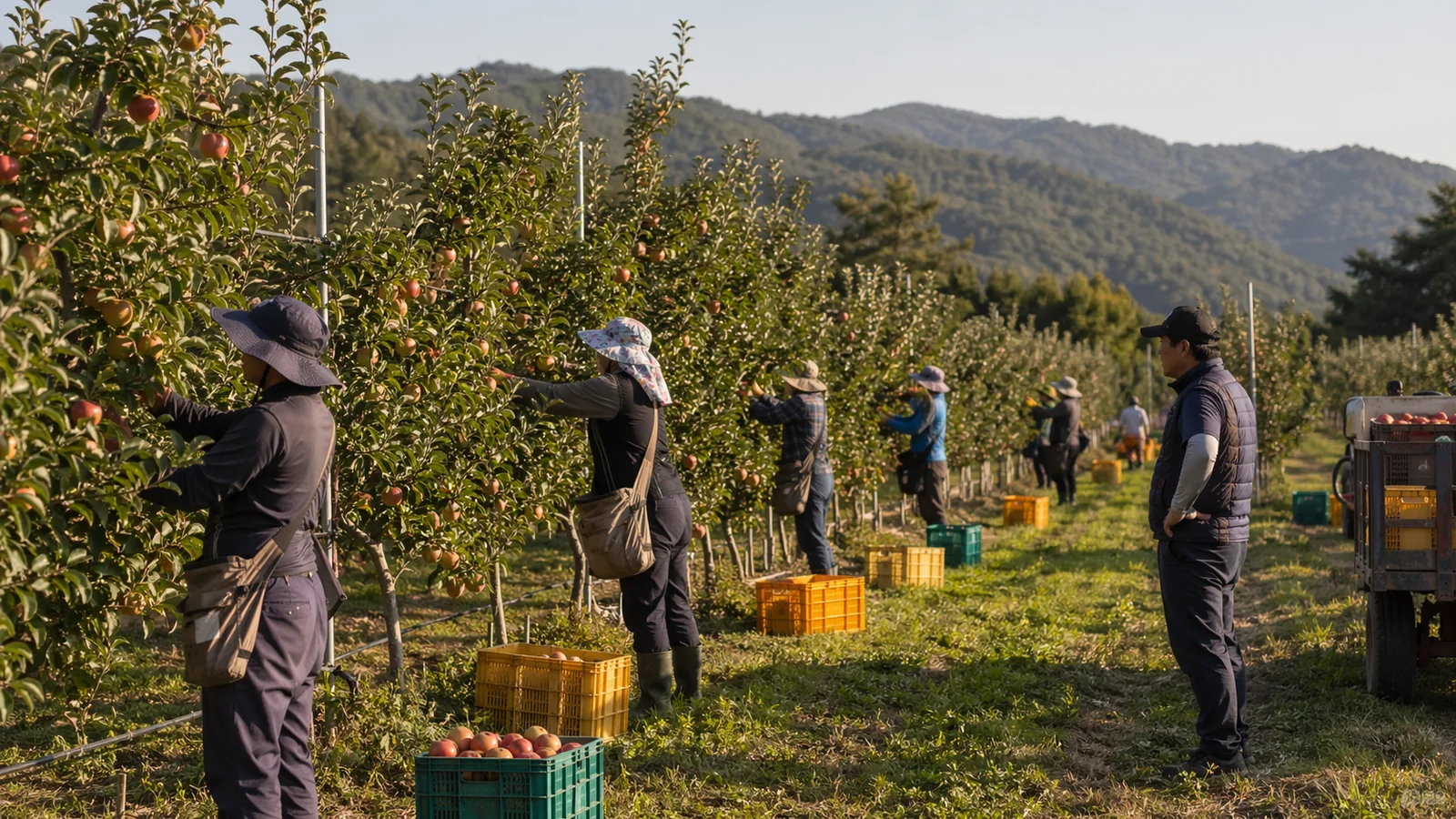 계절근로자들이 국내 과수원에서 실제 농촌 작업을 수행하는 장면