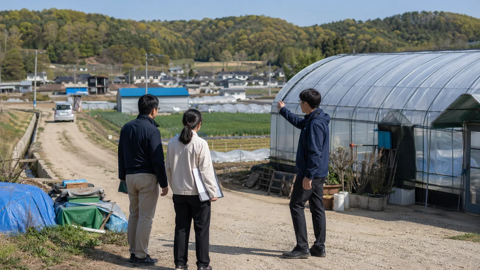 기관 담당자와 현장 담당자가 농장 현장을 확인하는 장면