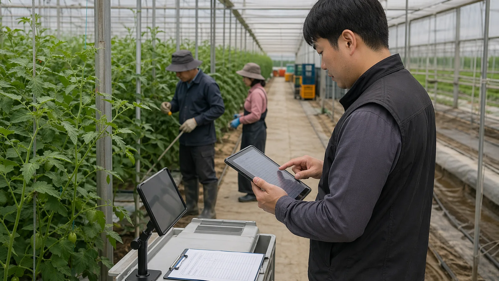 담당자가 태블릿으로 현장 근무 상황을 확인하는 장면
