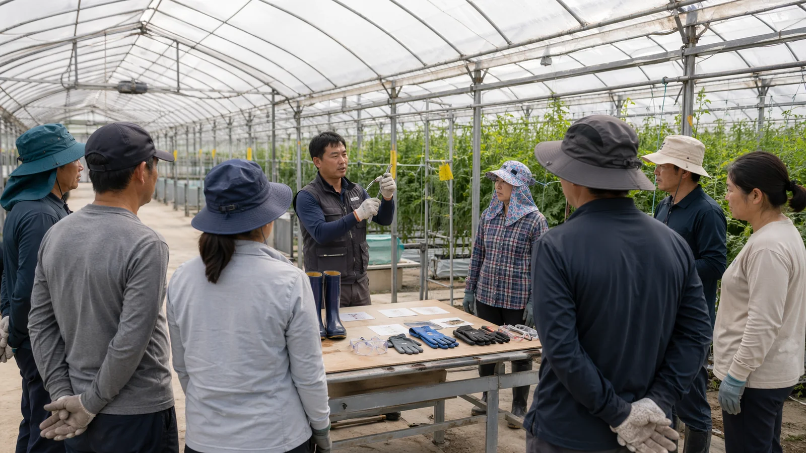 온실 내부에서 작업 전 안전 교육을 진행하는 장면