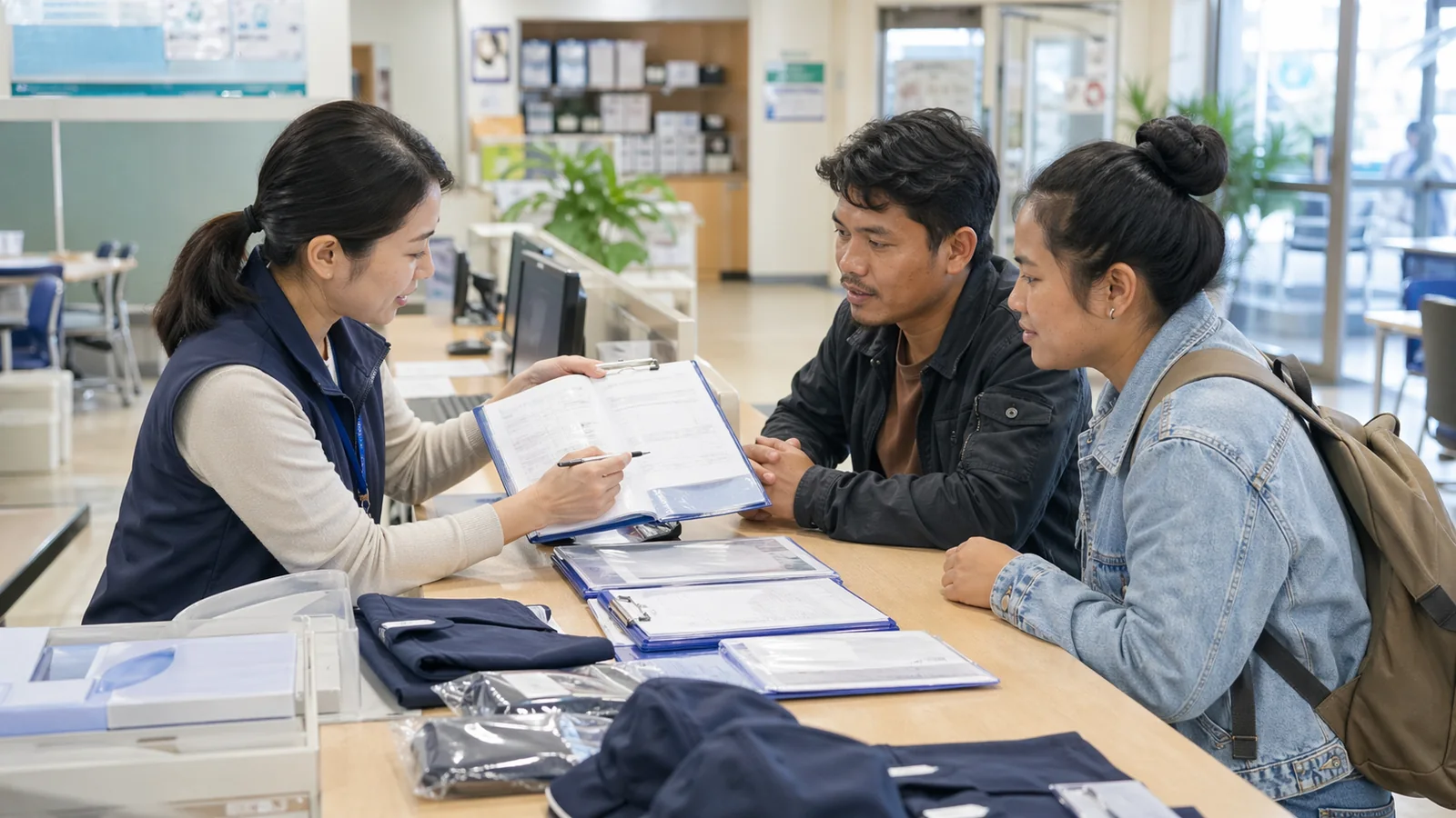 상담 데스크에서 근로자 모집과 준비 서류를 확인하는 장면
