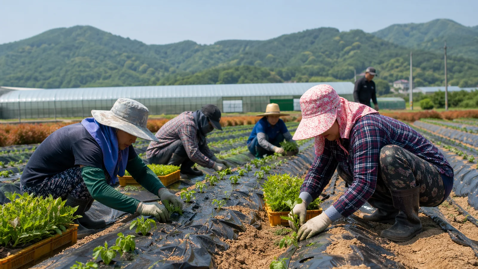 계절근로자들이 국내 채소밭에서 실제 근무를 하는 장면