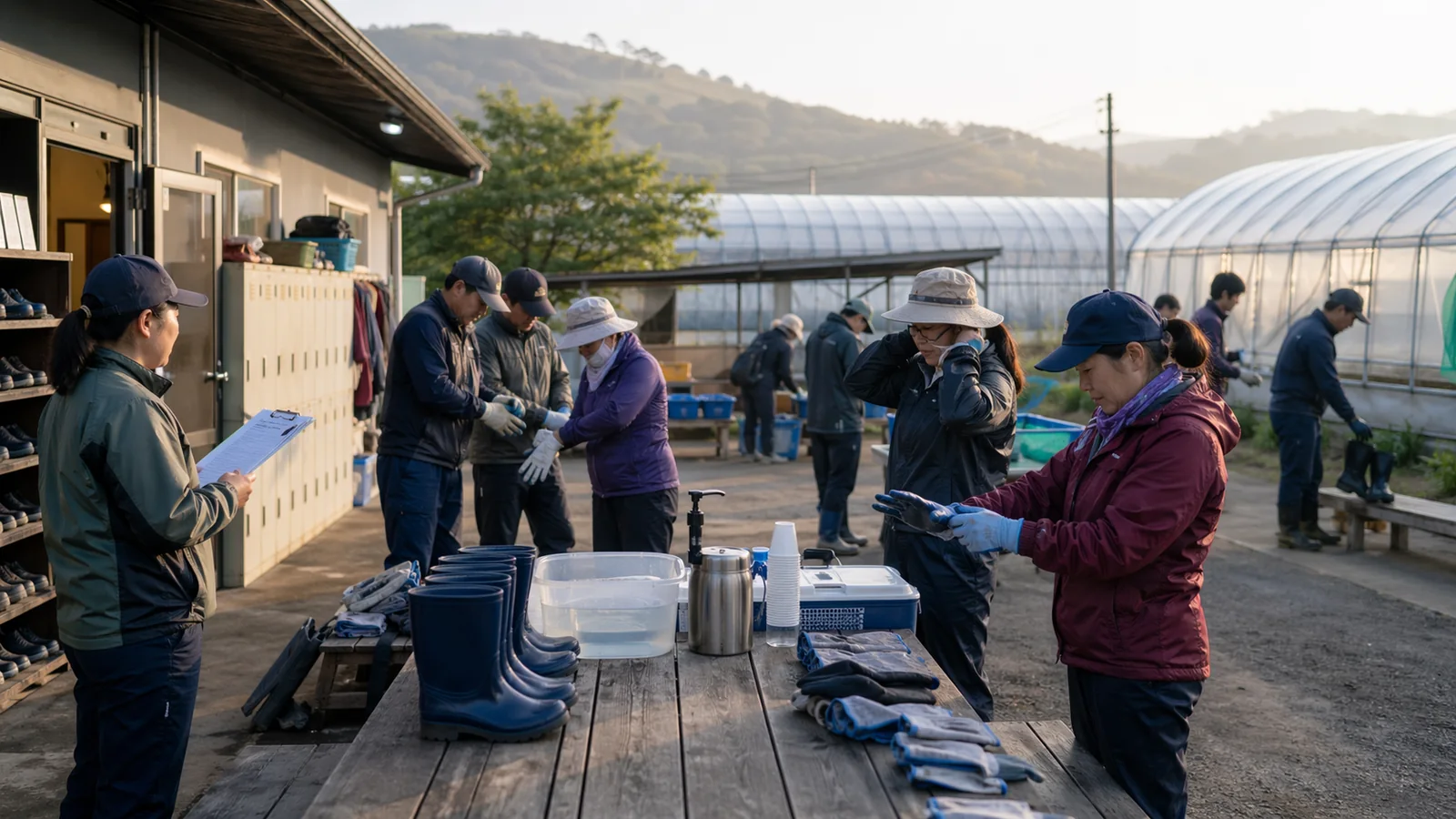 계절근로자가 근무 전 안전 장비와 준비물을 확인하는 장면