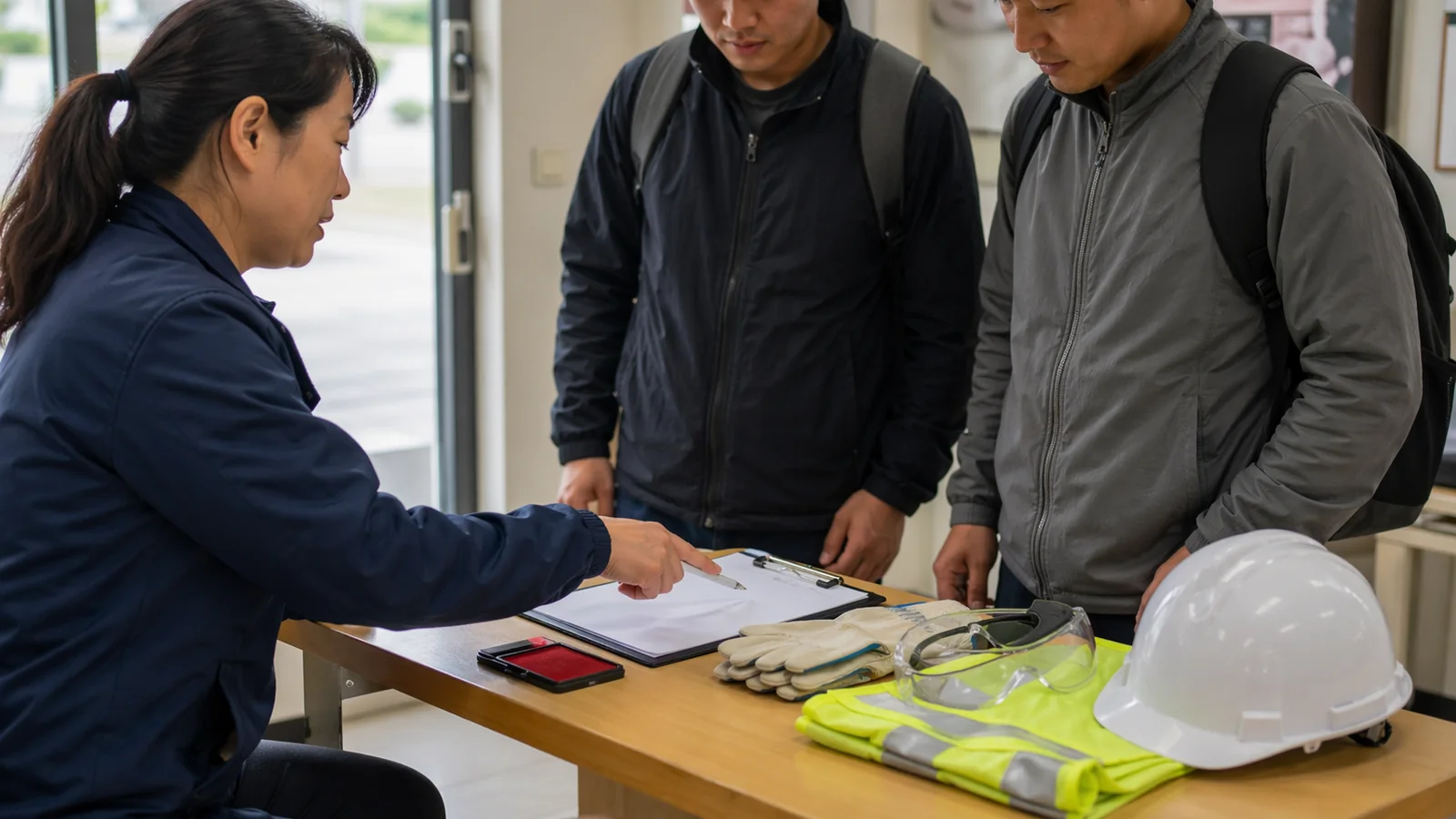 담당자가 근로자의 교육 완료와 안전 장비를 확인하는 장면